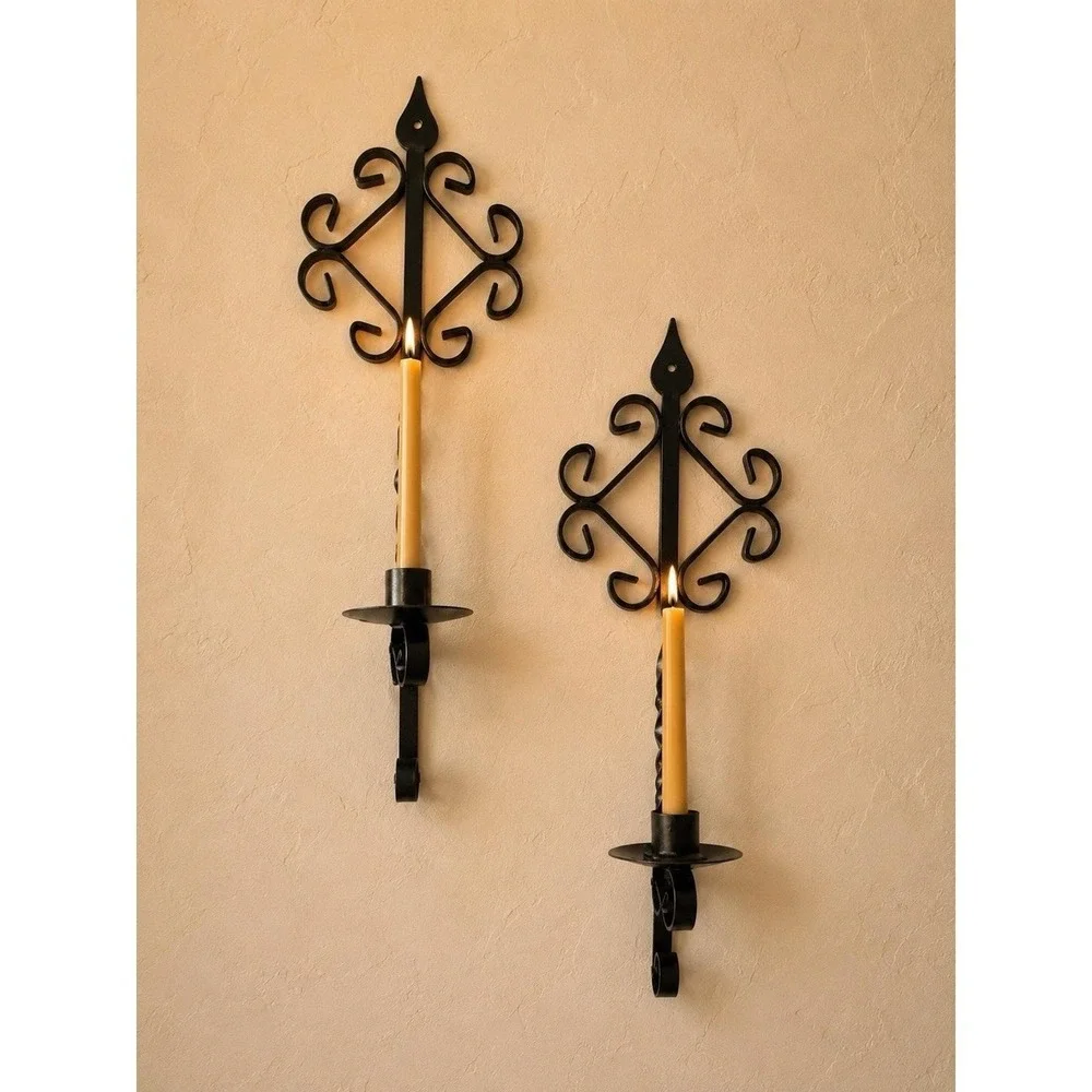Pair Of Wrought Iron Gothic Southwest Style Wall Sconce Candle Holders 16.5